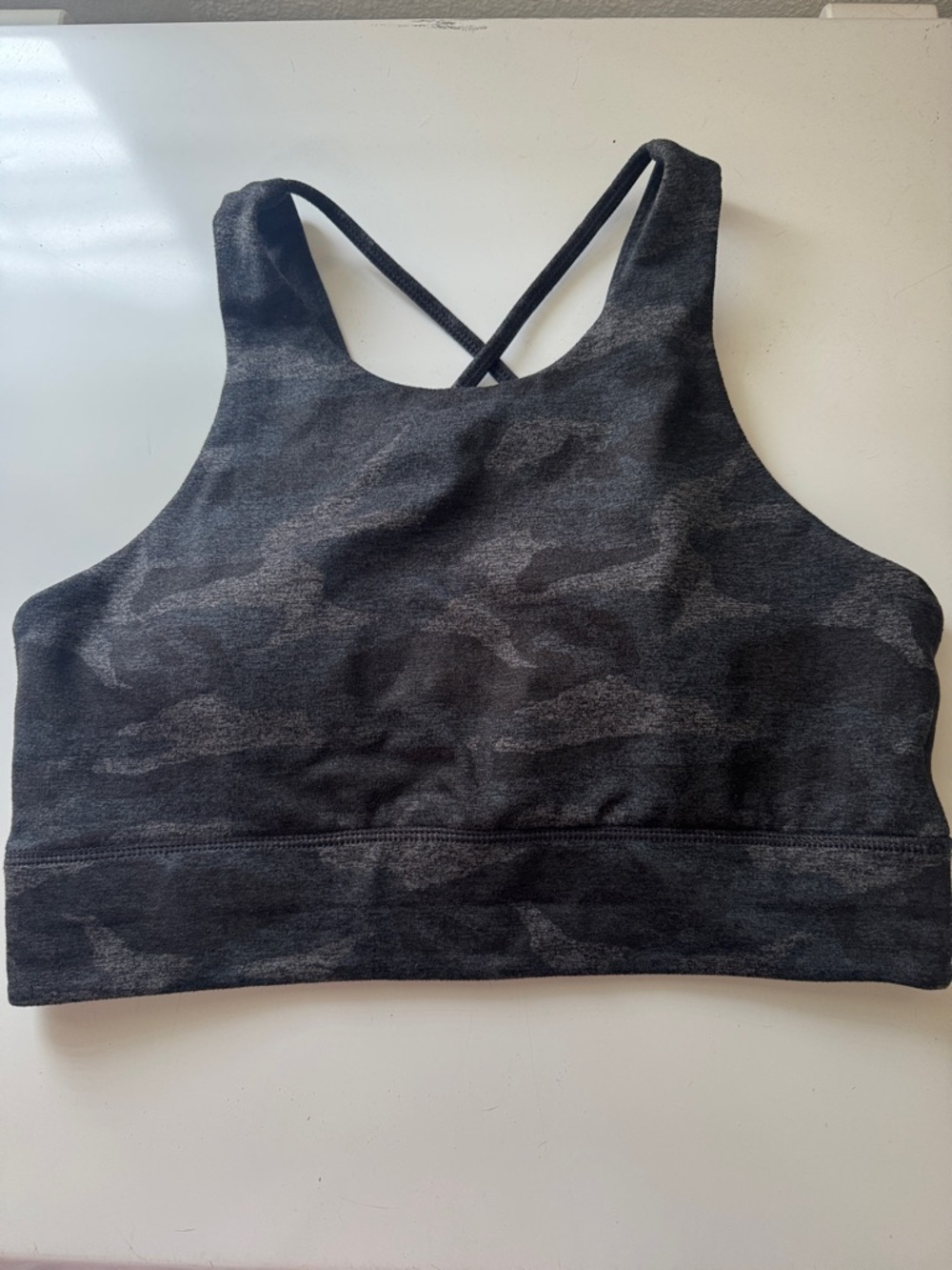 Vuori Charcoal Camo High Neck Sports Bra with Crisscross Straps